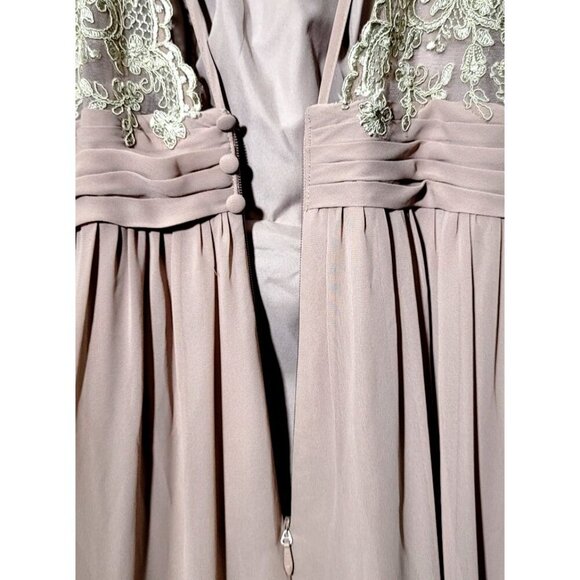 Azazie Bridesmaid Dress A10 Long Lace Pleated Romantic Taupe Chiffon Flowy Femme - Picture 13 of 16